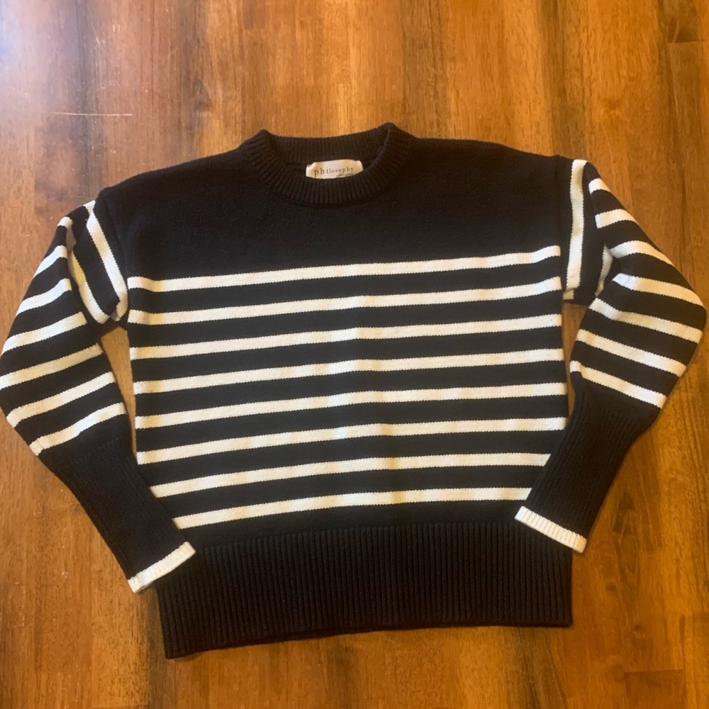 Philosophy Sweater Small Black White Stripe Thick Knit Soft Casual Long Sleeve